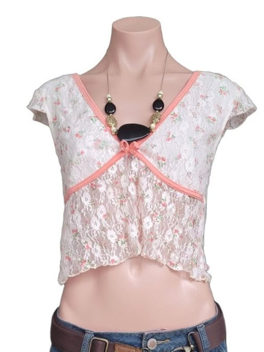ANTISTAR Pink Lace Floral Mesh Babydoll Top (M)